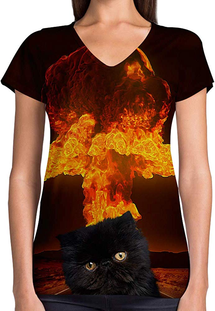 Animals Dinosaurs Others Print 3D Woman V Neck Tee Polyester Bomb Cat