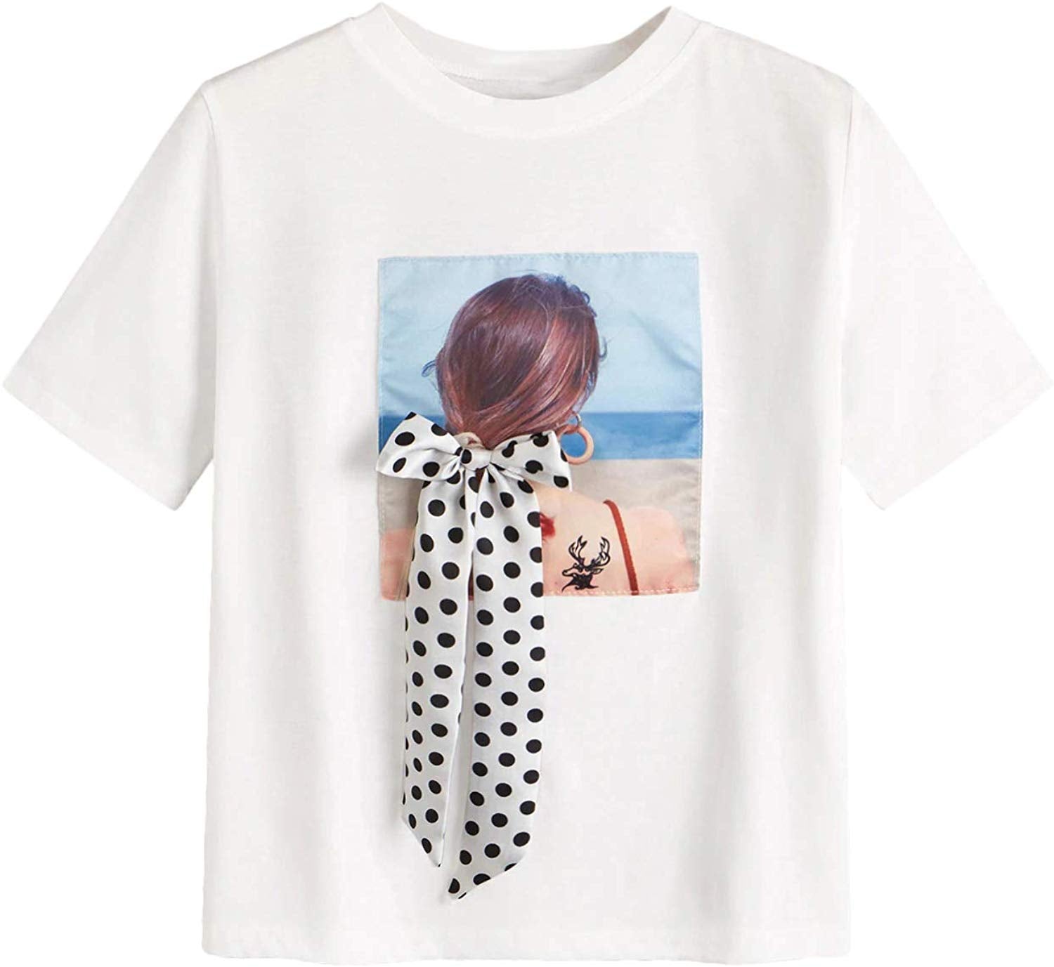 Romwe Women's Oversized Loose Short Sleeve Round Neck Graphic Print Applique Tee Shirt Tops Multicolored #9
