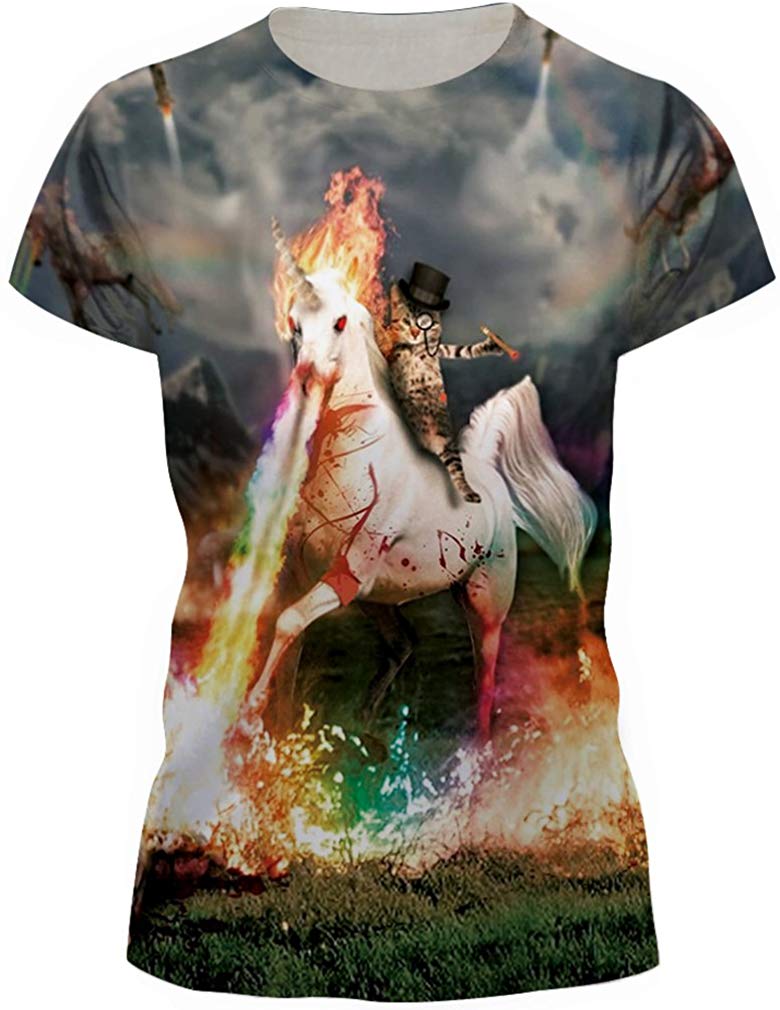 Women's 3D Print T Shirt Graphic Tee Novelty Casual Crew Neck Cat & Unicorn 1