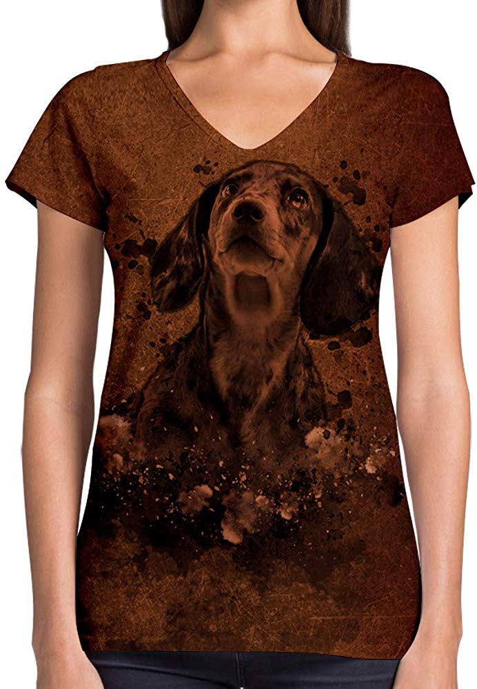 Animals Dinosaurs Others Print 3D Woman V Neck Tee Polyester Brown Dachshund