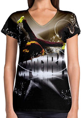 Sport Flag and Fire Print 3D Woman V Neck Tee Polyester Bright Capoeira
