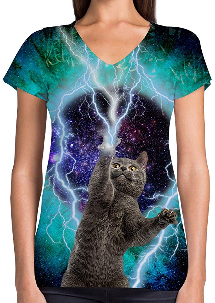 Animals Dinosaurs Others Print 3D Woman V Neck Tee Polyester Lightning Cat