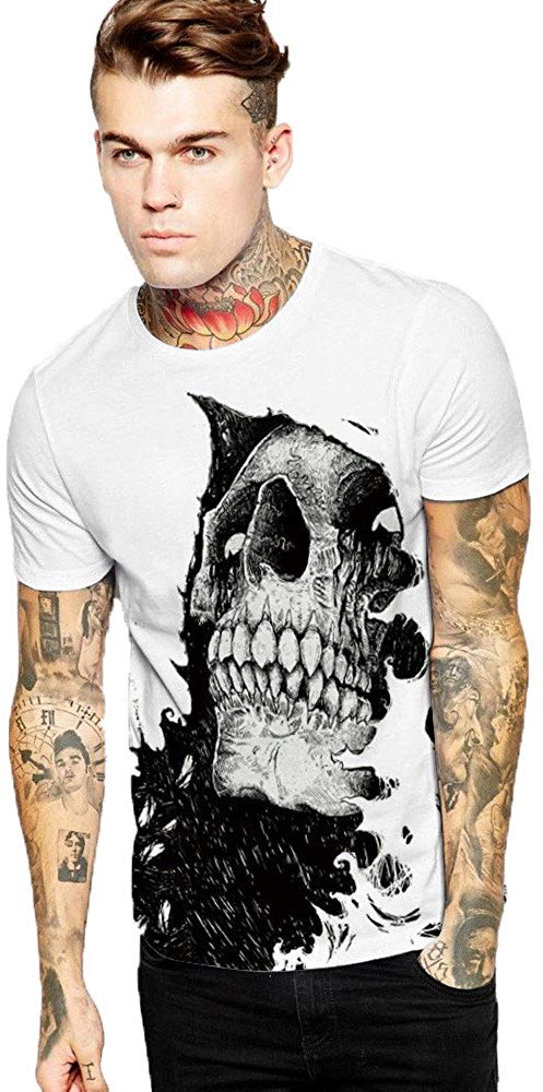 Mens T Shirt Skull 3D Printing Tops Tees Shirt Short Sleeve Black 3