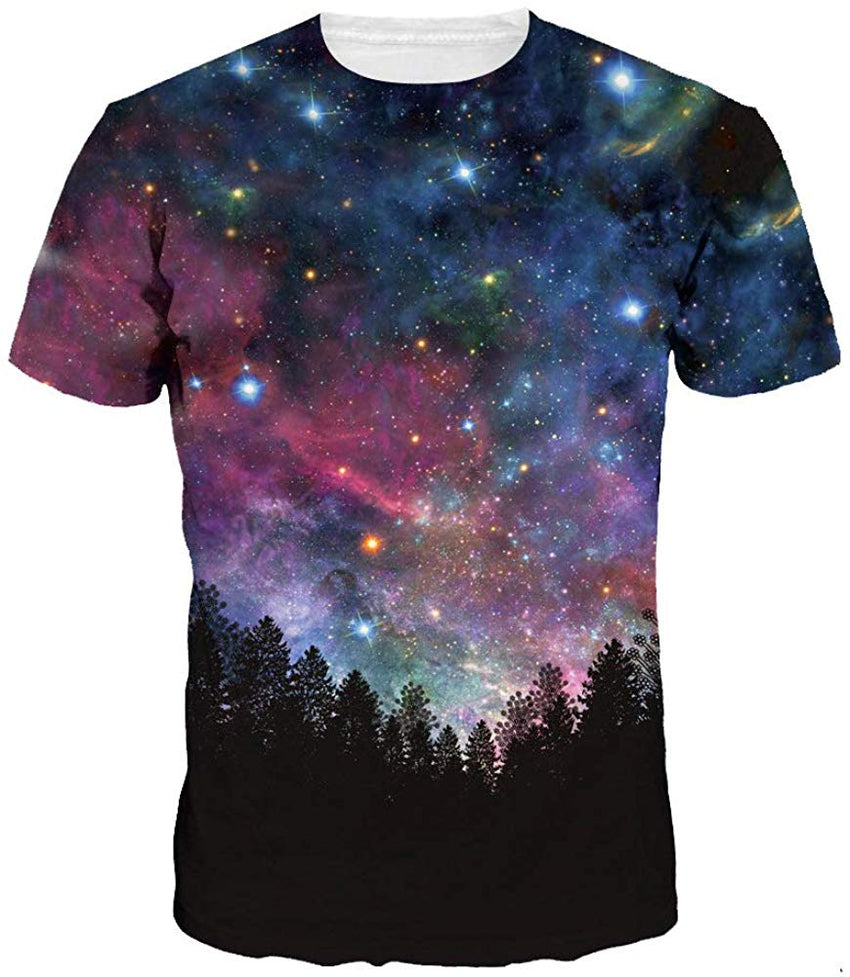 Sanatty Unisex Womens Mens Summer T Shirts Graphic 3D Galaxy T Shirts Tops Couple Tees Blue Forest Galaxy