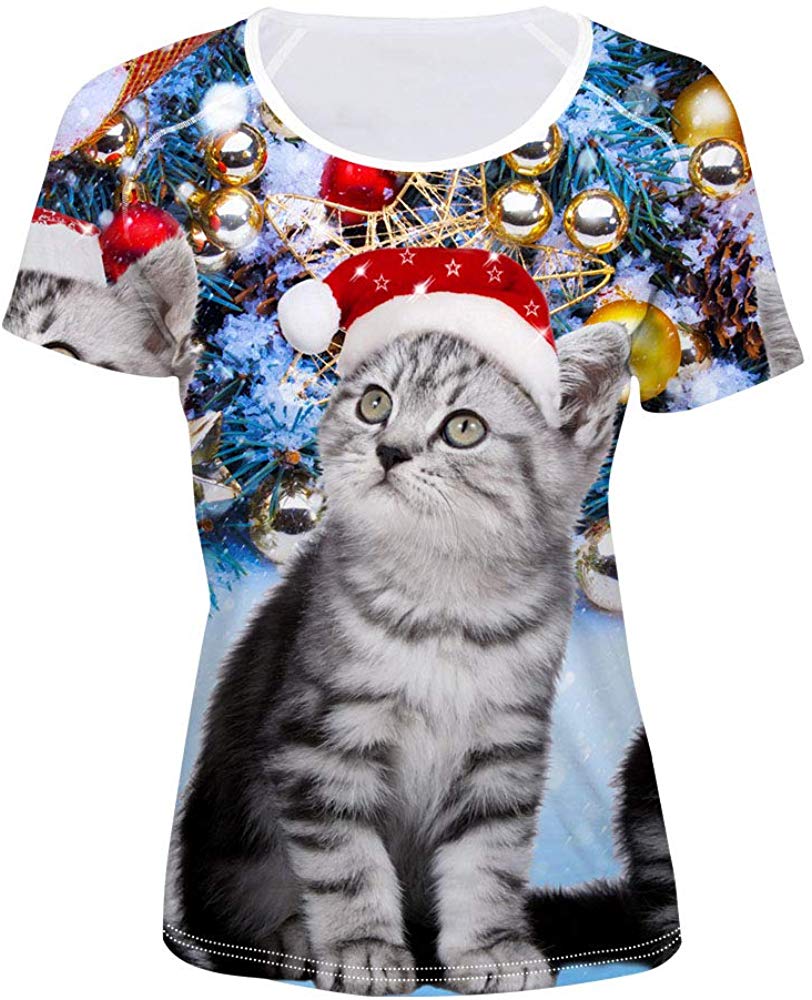 Women' Girl's T Shirt with Animl Cat Dog Print Xmas Cat