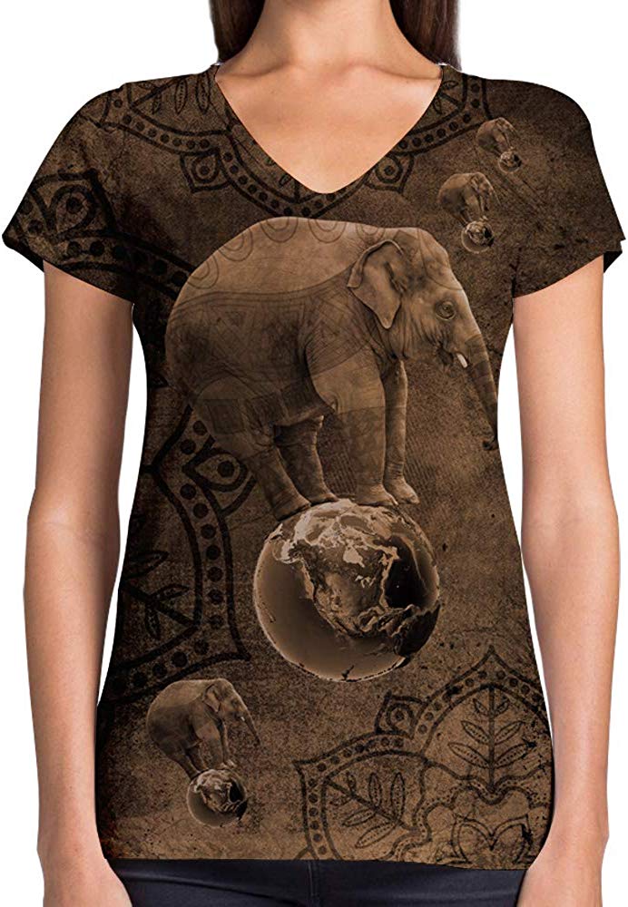 Animals Dinosaurs Others Print 3D Woman V Neck Tee Polyester Mystique Elephant