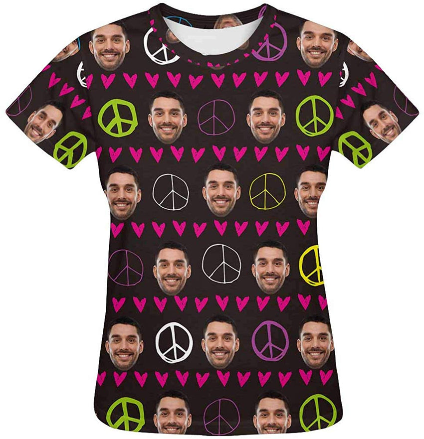 Custom Women's T Shirt with Faces Galaxy Personalized Print Short Sleeve Shirts Hearts