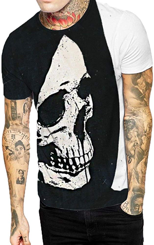 Mens T Shirt Skull 3D Printing Tops Tees Shirt Short Sleeve Black 2