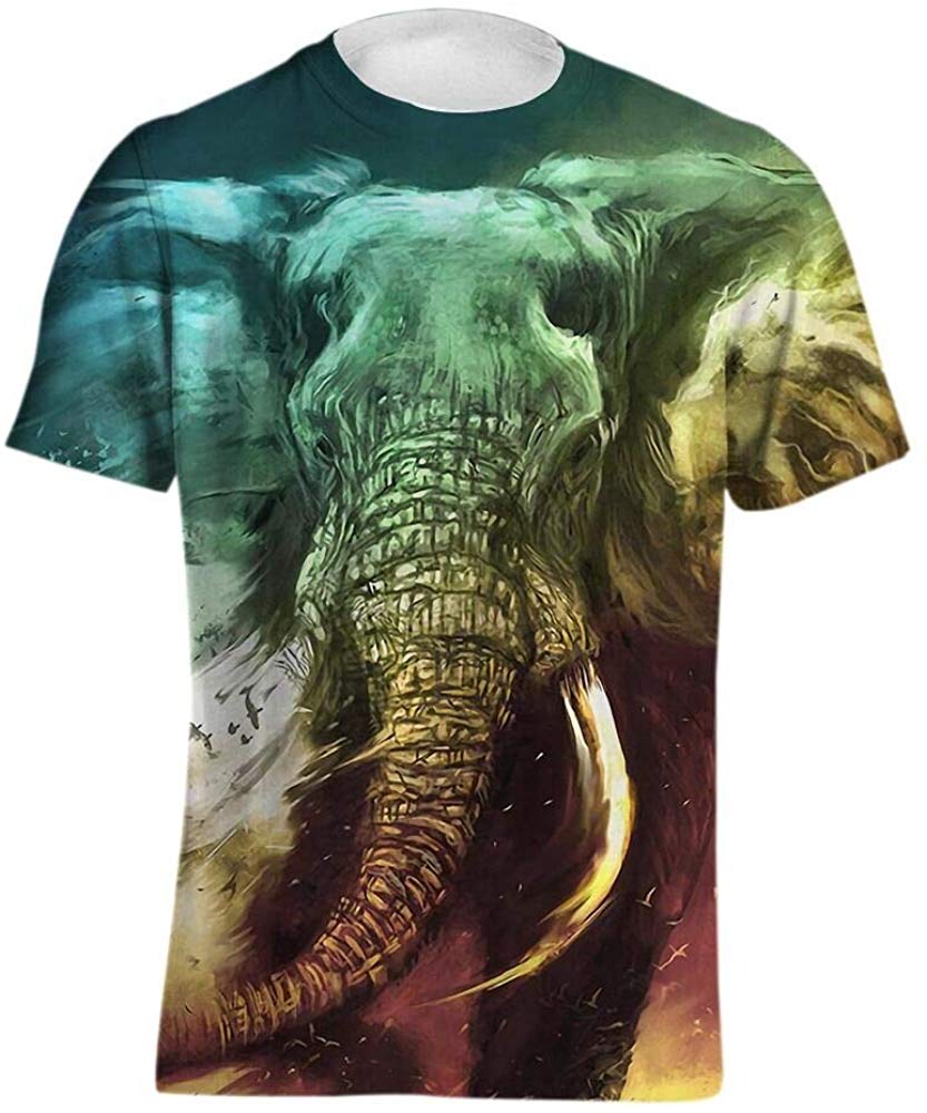Men's Personality 3D Printed T Shirt,Dinosaur,Piranha,Dog,Elephant,Printing Short Sleeve Fashion Tee Elephant Color