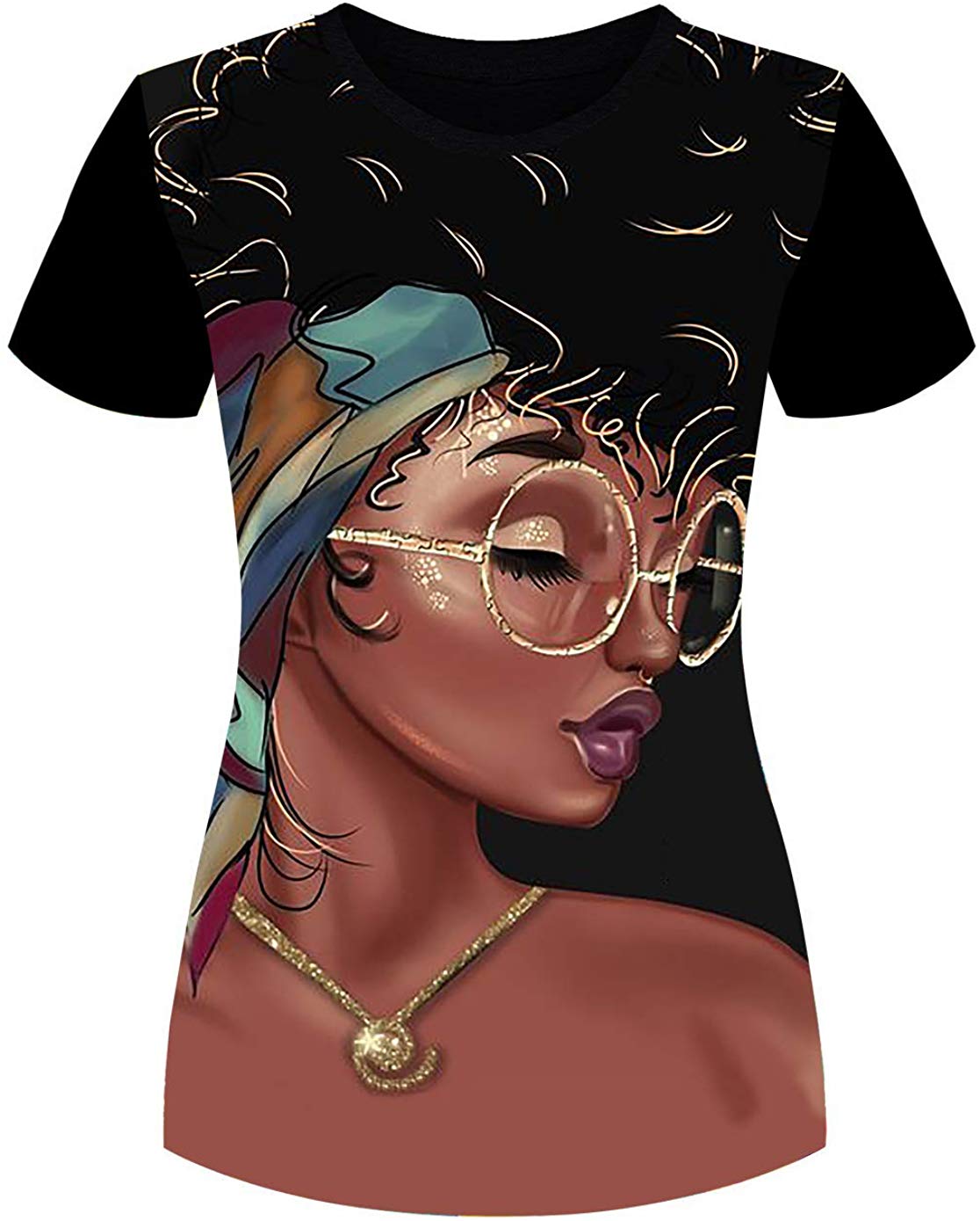 Women's T Shirts Black Woman Afro Natural Hair 3D Floral Print Casual Tops for Women Tees Black