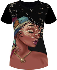 Women's T Shirts Black Woman Afro Natural Hair 3D Floral Print Casual Tops for Women Tees Black