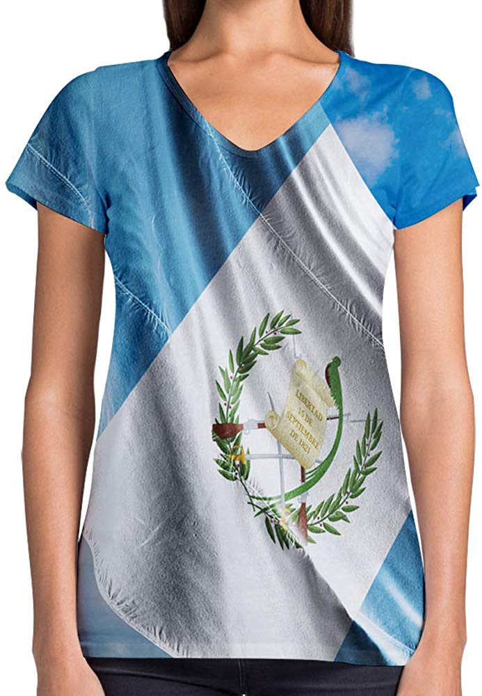 Sport Flag and Fire Print 3D Woman V Neck Tee Polyester Guatemala Flag