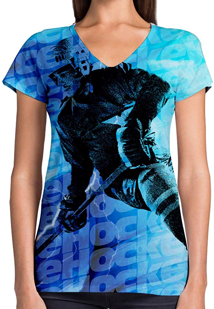 Sport Flag and Fire Print 3D Woman V Neck Tee Polyester Blue Ice Hockey