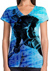 Sport Flag and Fire Print 3D Woman V Neck Tee Polyester Blue Ice Hockey