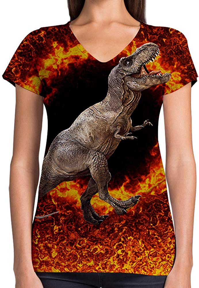Animals Dinosaurs Others Print 3D Woman V Neck Tee Polyester Fire Rex
