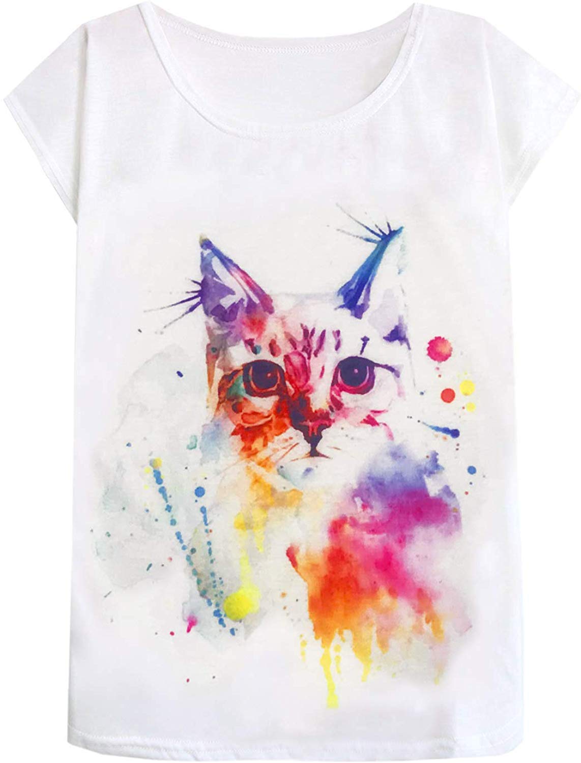 Women's Cute Cat Graphic Abstract Paint Splatter Casual T Shirt Top Ink Cat