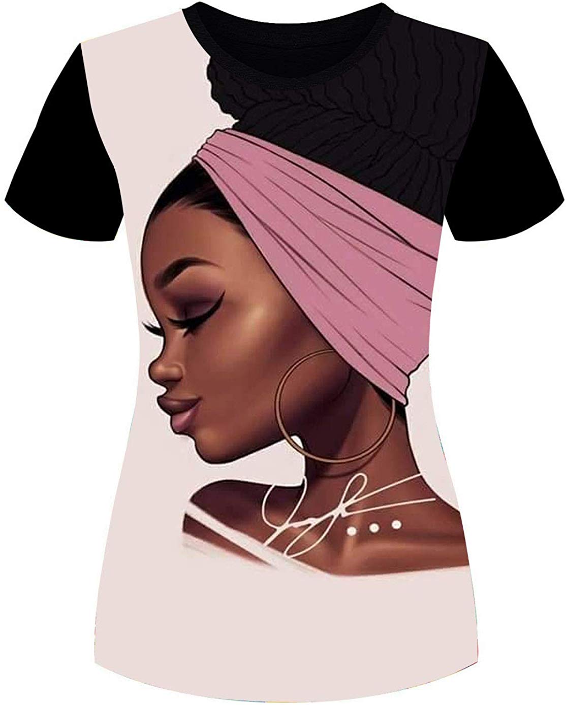 Women's T Shirts Black Woman Afro Natural Hair 3D Floral Print Casual Tops for Women Tees Black 2