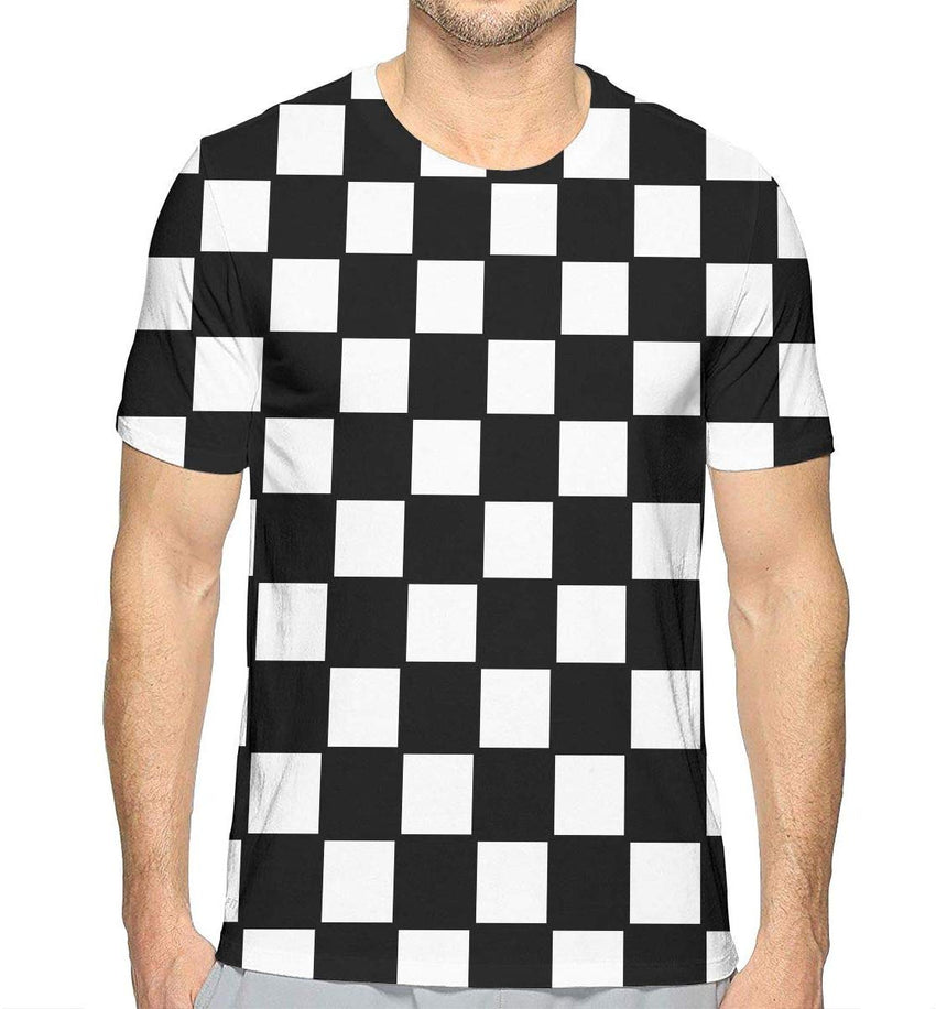 Men Chequered with Black and White Checkerboard Fashion 3D Creative Print T Shirt Short Sleeve Tees White