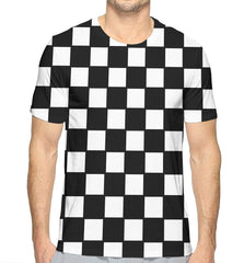 Men Chequered with Black and White Checkerboard Fashion 3D Creative Print T Shirt Short Sleeve Tees White