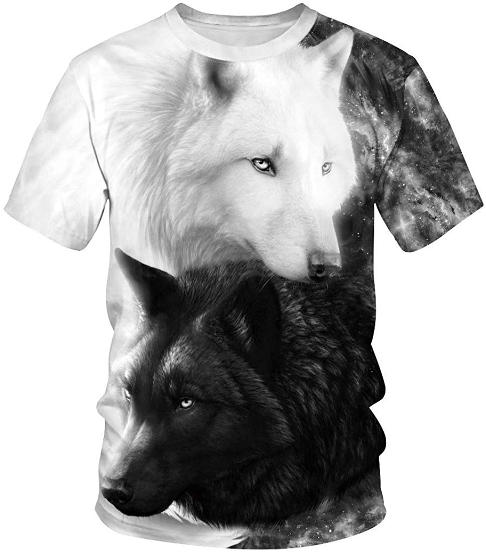 3D Print T Shirt Fashion Graphic Tee Crewneck Short Sleeve T Shirts for Men Women Black White Wolf