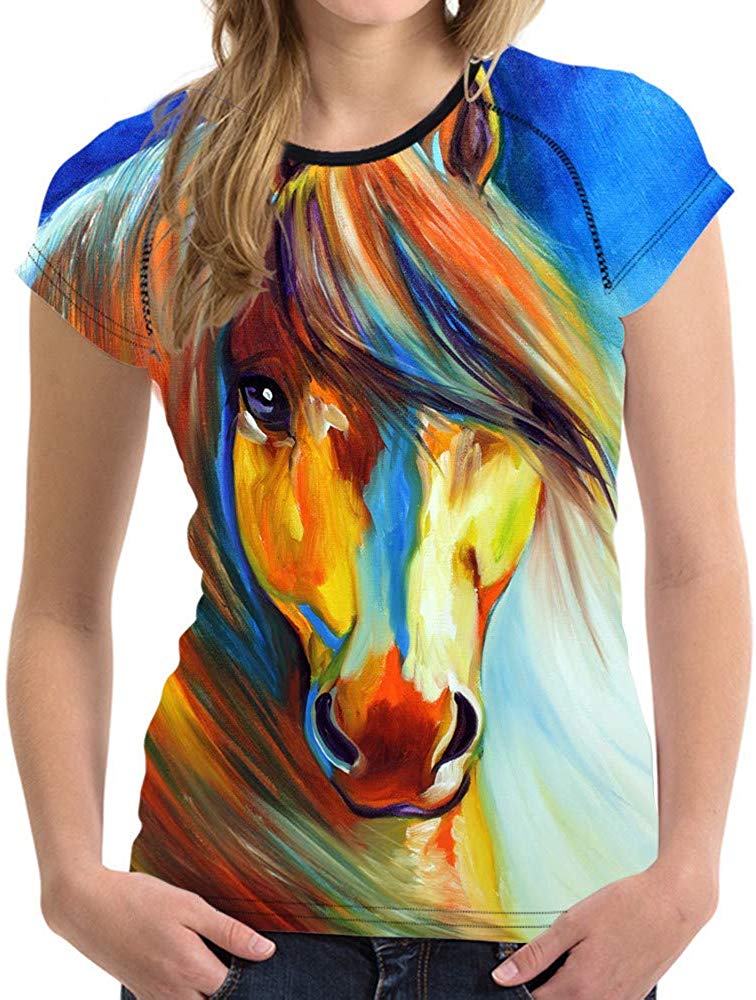 Horse Print Women T Shirt Art Design Tee Girls Elastic Short Sleeve Painting Horse