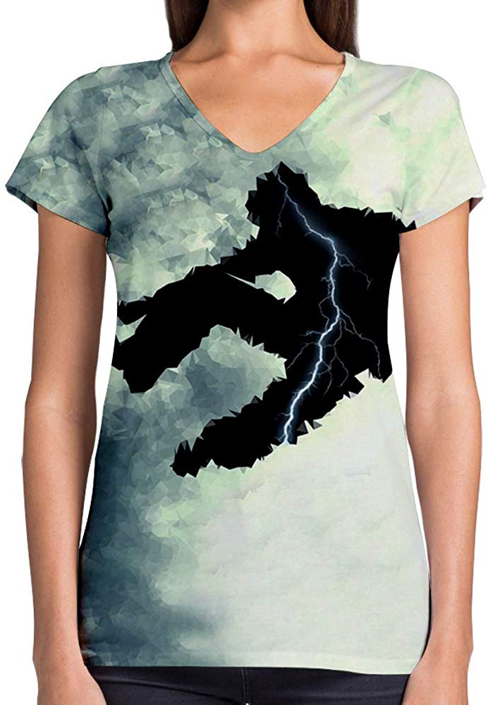 Sport Flag and Fire Print 3D Woman V Neck Tee Polyester Parkour Shadow