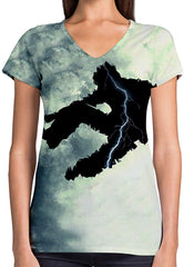 Sport Flag and Fire Print 3D Woman V Neck Tee Polyester Parkour Shadow