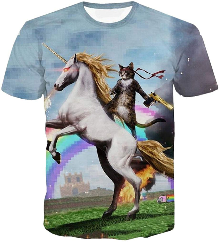 Summer Fashion Women Men Printed Short Sleeve Tee Tops T Shirts Rainbow Unicorn Cat