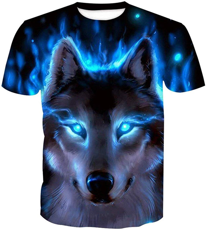 Men Original Animal Printed T Shirt Cool Casual 3D Digital Graphics Tee Tops Blue Wolf