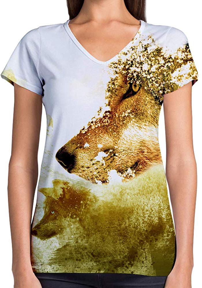 Animals Dinosaurs Others Print 3D Woman V Neck Tee Polyester Forest Wolves