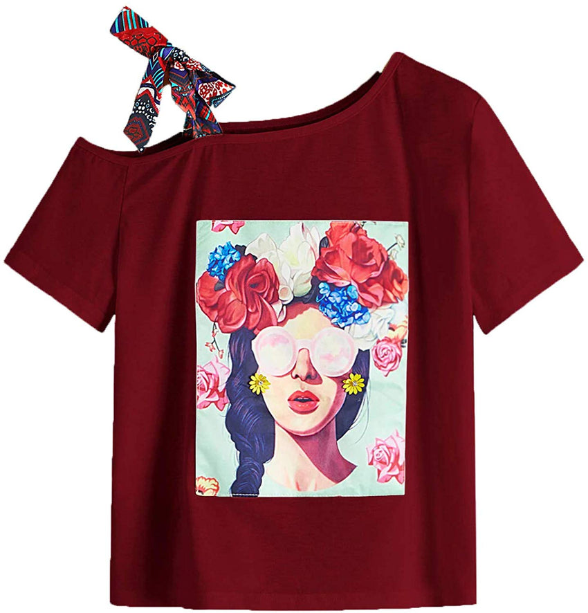 Romwe Women's Oversized Loose Short Sleeve Round Neck Graphic Print Applique Tee Shirt Tops Burgundy