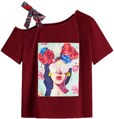Romwe Women's Oversized Loose Short Sleeve Round Neck Graphic Print Applique Tee Shirt Tops Burgundy