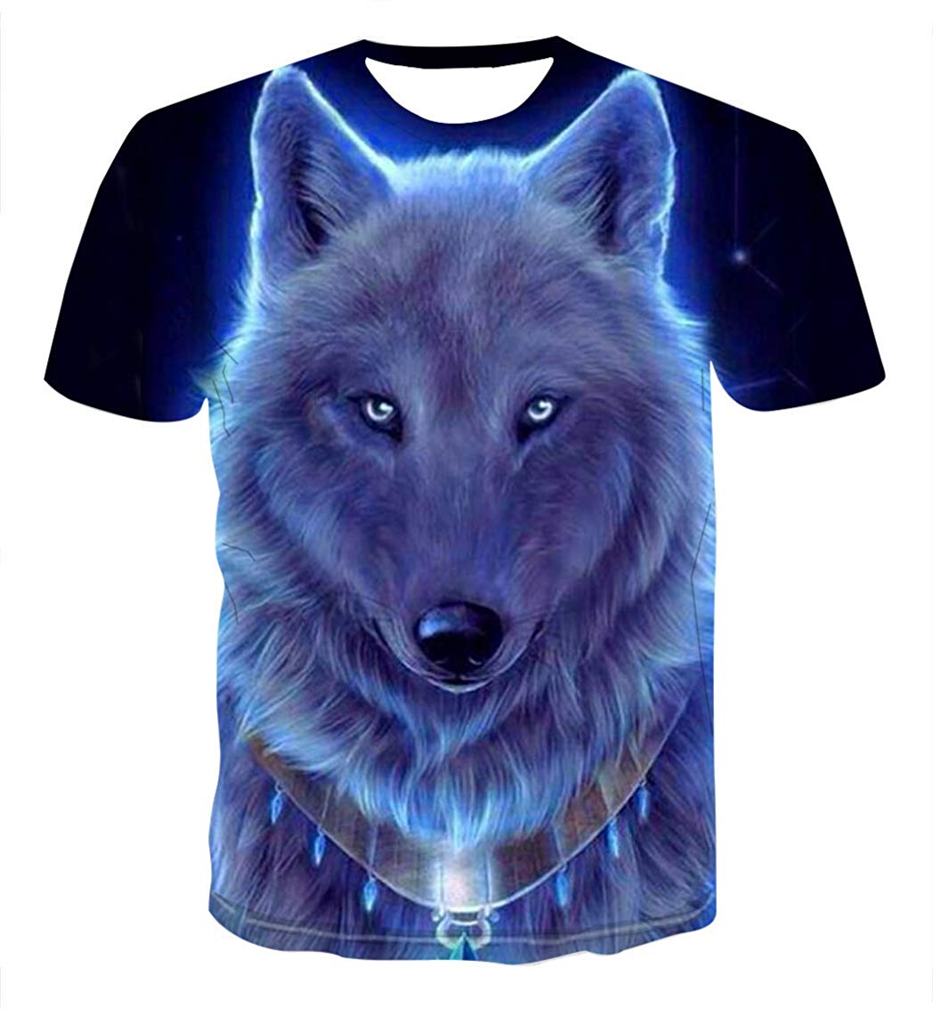 Fashion Mens 3D Digital Printed Design Pattern T Shirts Top Tees Blue Wolf