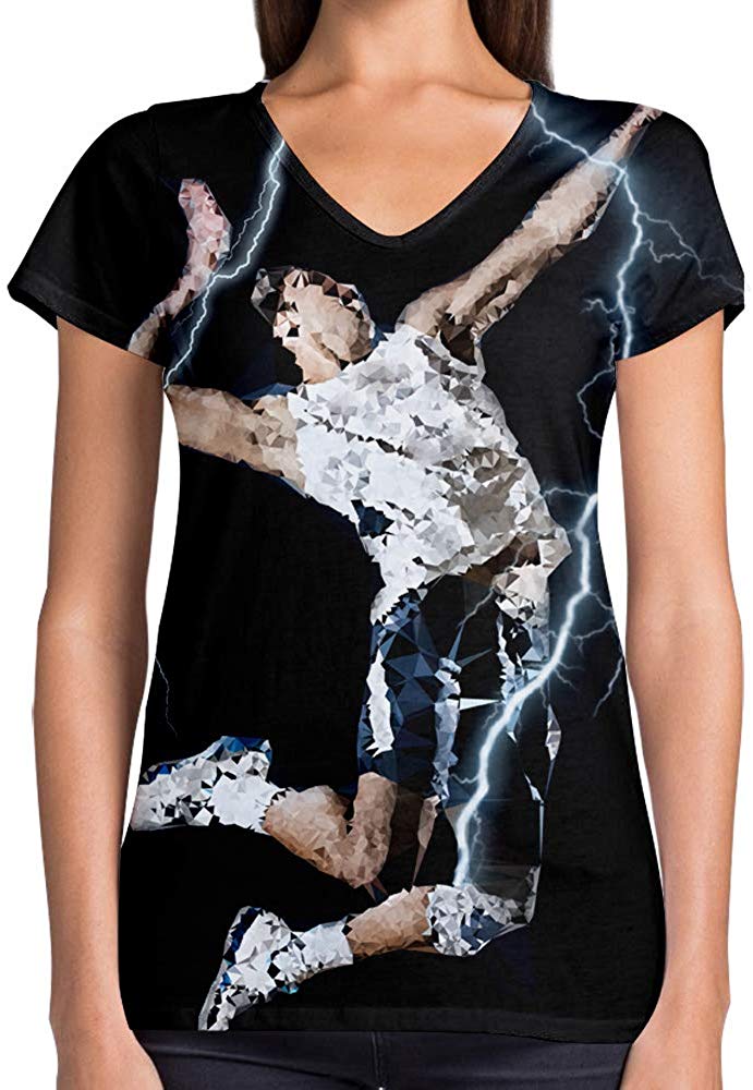 Sport Flag and Fire Print 3D Woman V Neck Tee Polyester Lightning Volleyball