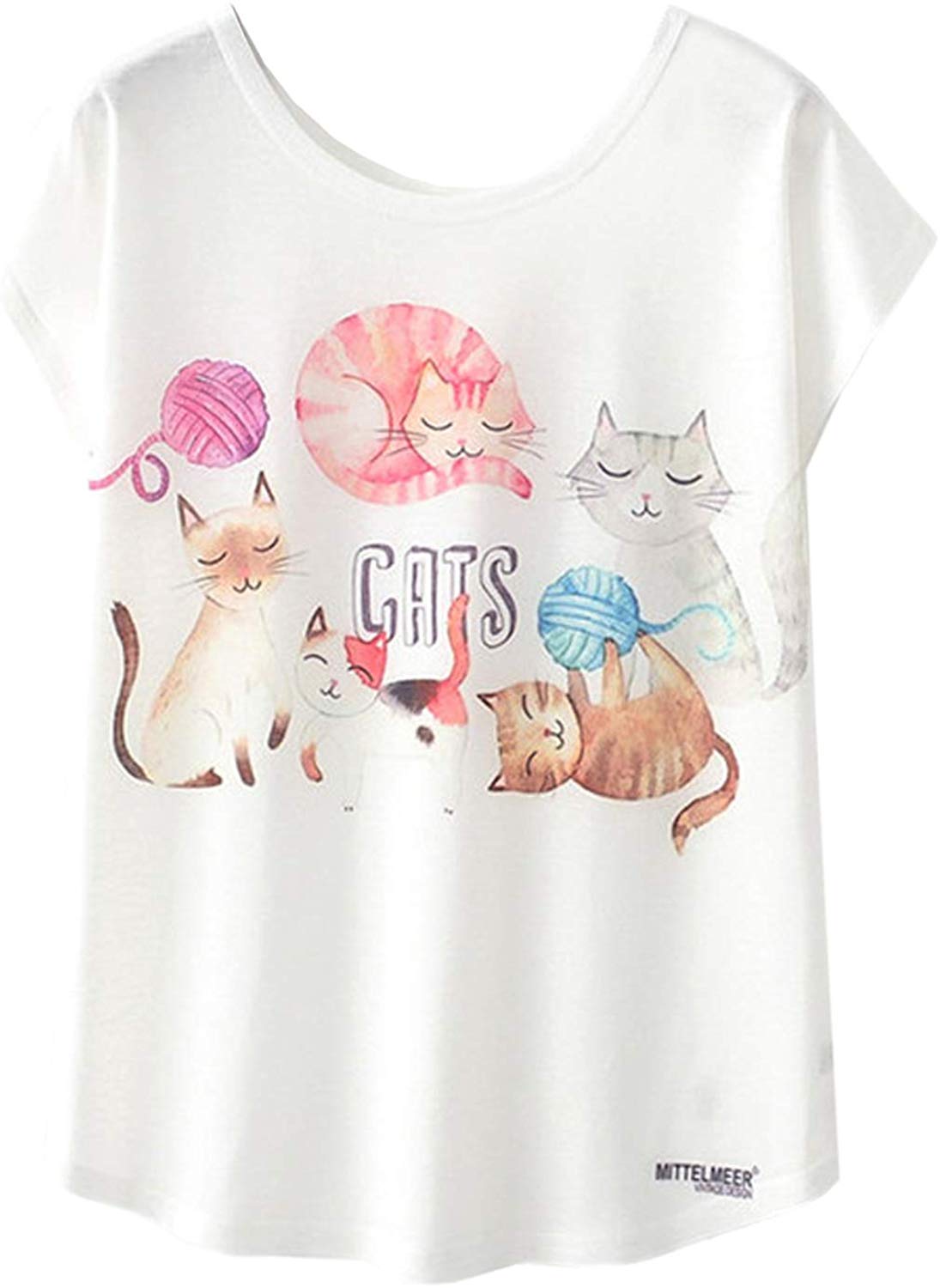 Women's Cute Cat Graphic Abstract Paint Splatter Casual T Shirt Top 5 Cats