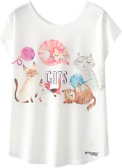 Women's Cute Cat Graphic Abstract Paint Splatter Casual T Shirt Top 5 Cats