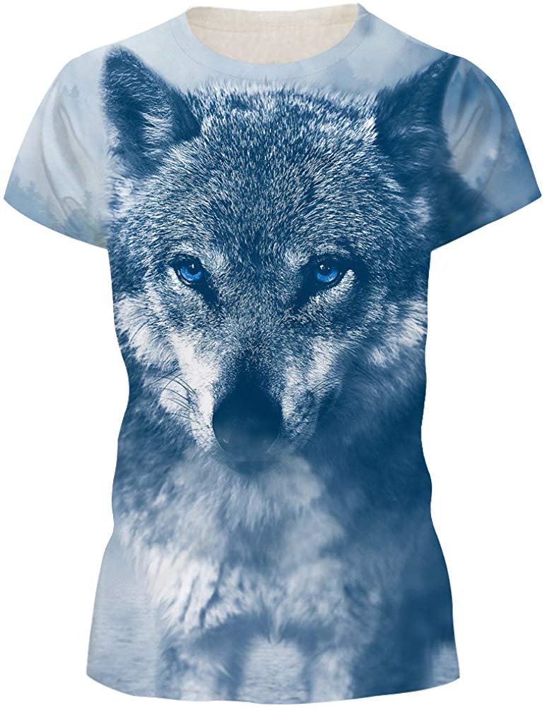 Women's 3D Print T Shirt Graphic Tee Novelty Casual Crew Neck Blue Wolf 1