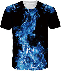 Men Women 3D Novelty Graphic T Shirts Short Sleeve Crewneck Tie Dye Tee Tops for Casual Blue Flame