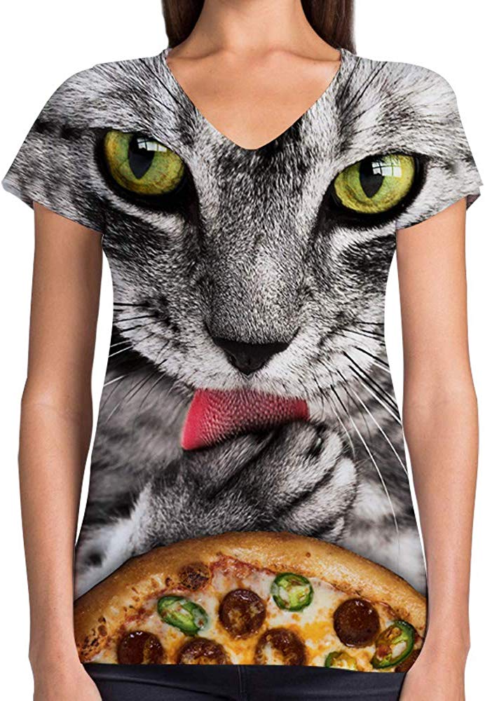 Animals Dinosaurs Others Print 3D Woman V Neck Tee Polyester Pizza Cat