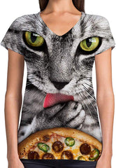 Animals Dinosaurs Others Print 3D Woman V Neck Tee Polyester Pizza Cat