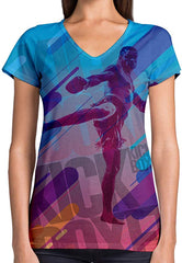 Sport Flag and Fire Print 3D Woman V Neck Tee Polyester Colors Kickbox