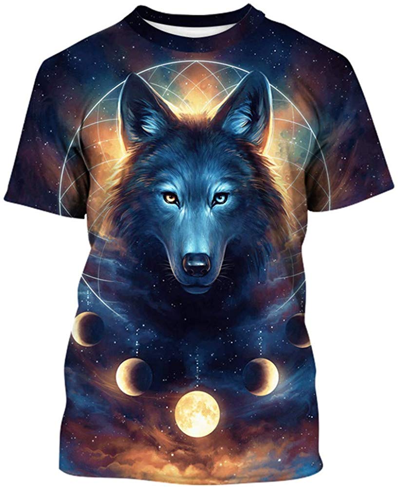 Unisex 3D Print Short Sleeve T Shirt Fashion Couple Tees Kids Wolf Moon