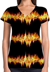 Sport Flag and Fire Print 3D Woman V Neck Tee Polyester Three Flames