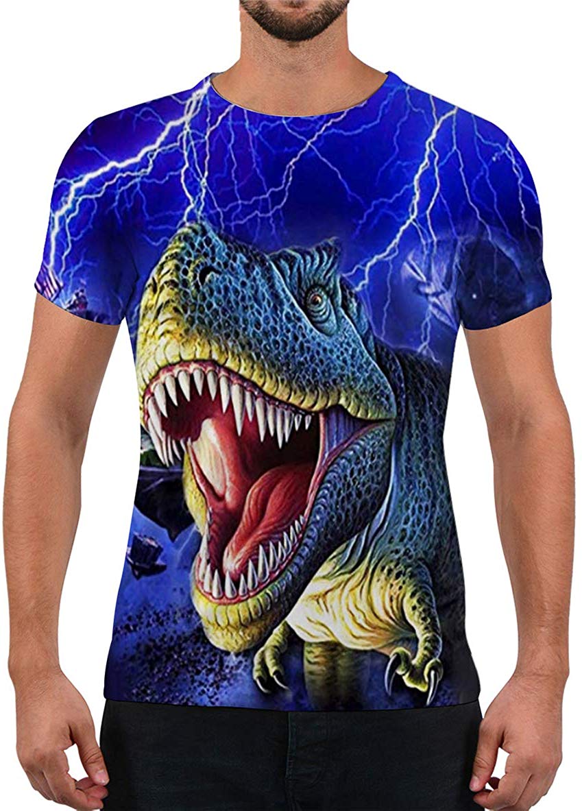 Unisex Fashion 3D Print T Shirts Funny Graphics Pattern Crewneck Short Sleeve Tees for Mens Womens Deep Blue Dinosaur