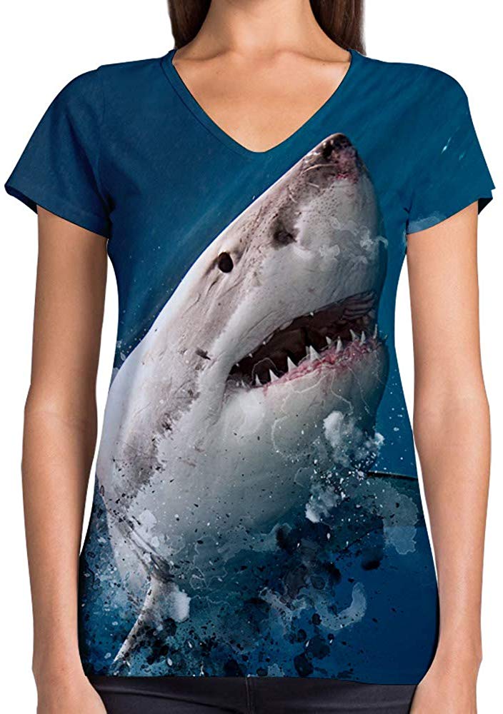 Animals Dinosaurs Others Print 3D Woman V Neck Tee Polyester Face Shark