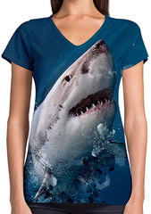 Animals Dinosaurs Others Print 3D Woman V Neck Tee Polyester Face Shark