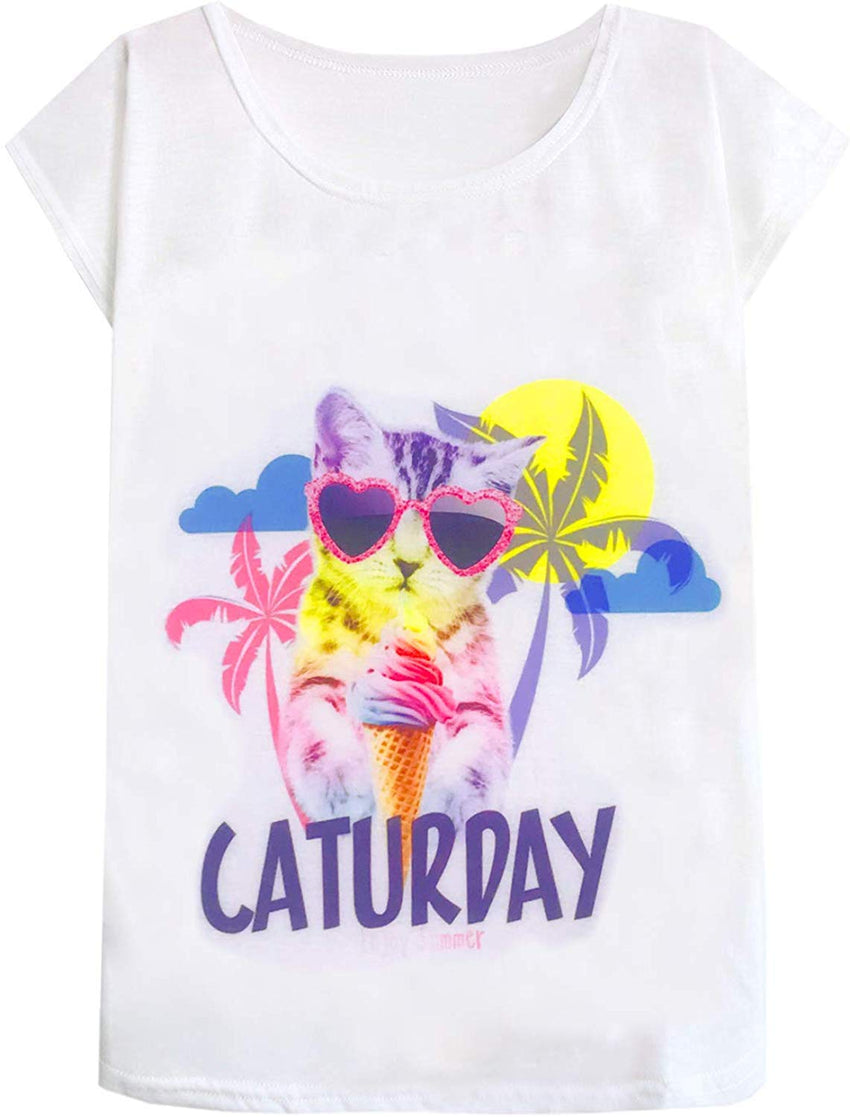 Women's Cute Cat Graphic Abstract Paint Splatter Casual T Shirt Top Cream Cat