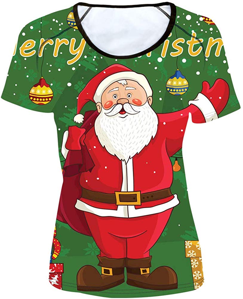 Women' Girl's T Shirt with Animl Cat Dog Print Xmas santa Green