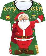 Women' Girl's T Shirt with Animl Cat Dog Print Xmas santa Green