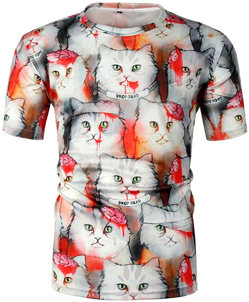 Mens T Shirt Cat 3D Printing Tops Short Sleeve Red